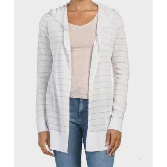 Cynthia Rowley 100% Linen Blue White Stripe Open Front Cardigan Hoodie - Picture 1 of 6